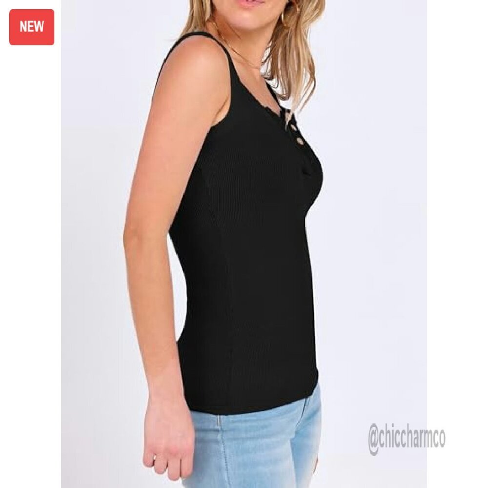 Ribbed Henley Tank Top Slim Fit Sleeveless Cami Button Up Workout Casual - Picture 6 of 8